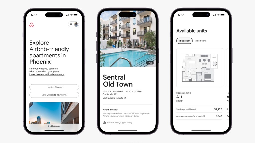 Three smartphone screens displaying the Airbnb app with apartment search, property details, and available unit information.