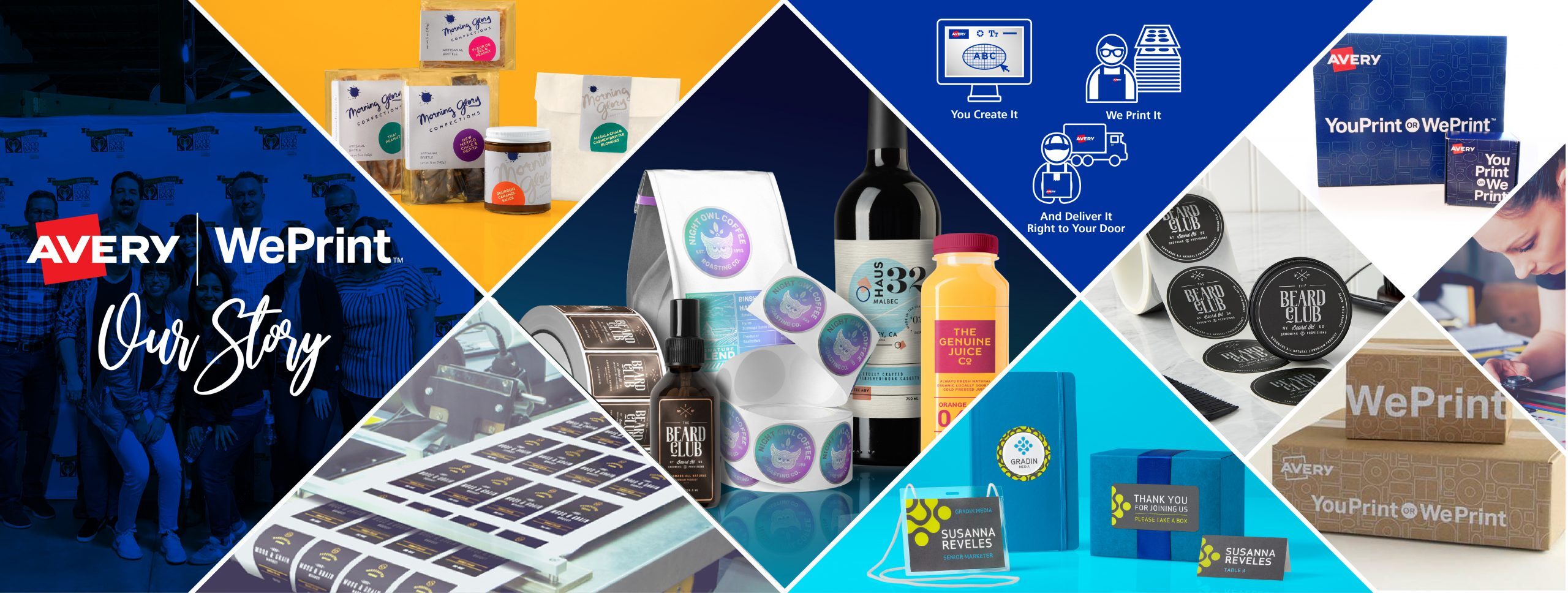 Collage of custom-printed labels, packaging, business cards, and branded products created using Avery WePrint services.