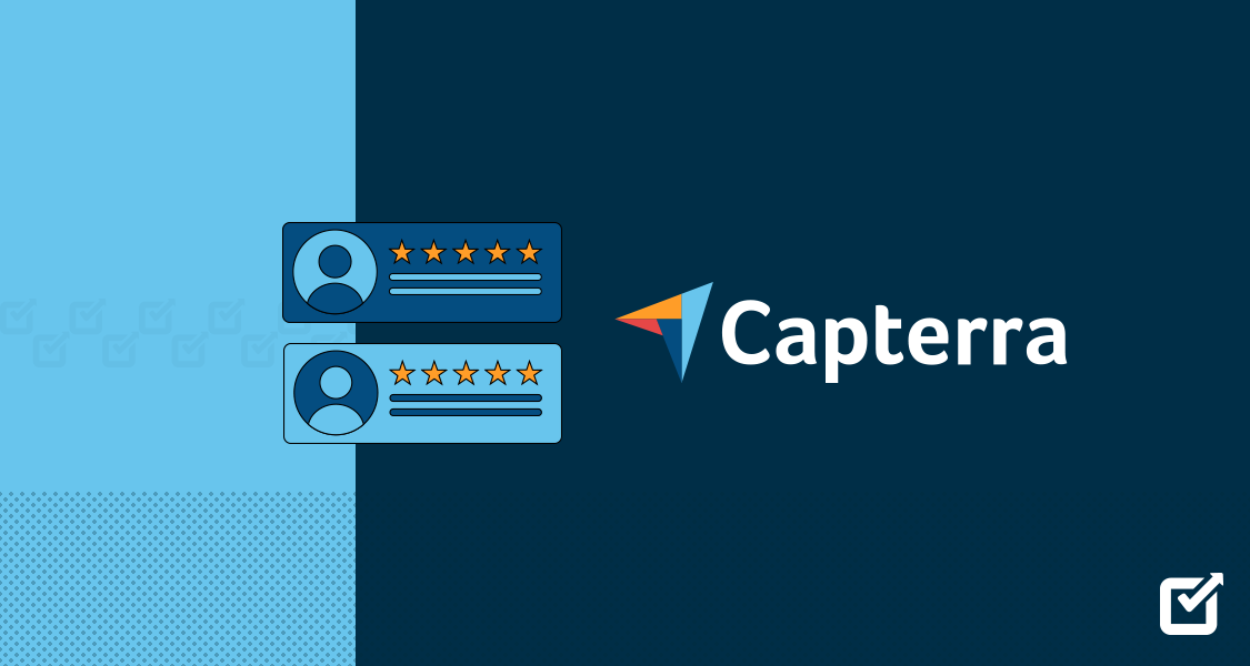 Illustration showing user review cards with star ratings next to the Capterra logo on a blue background.