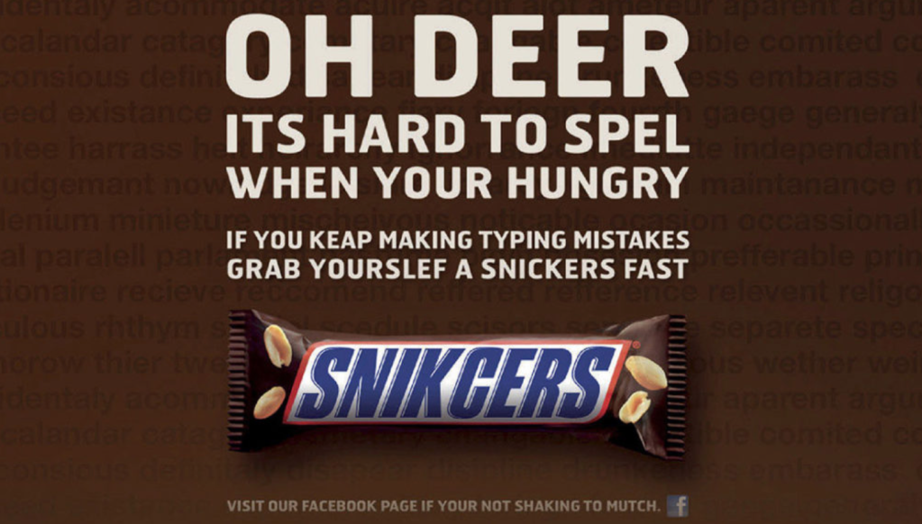 Snickers advertisement with the text “Oh Deer, It’s Hard to Spell When You’re Hungry” displayed above a Snickers bar.