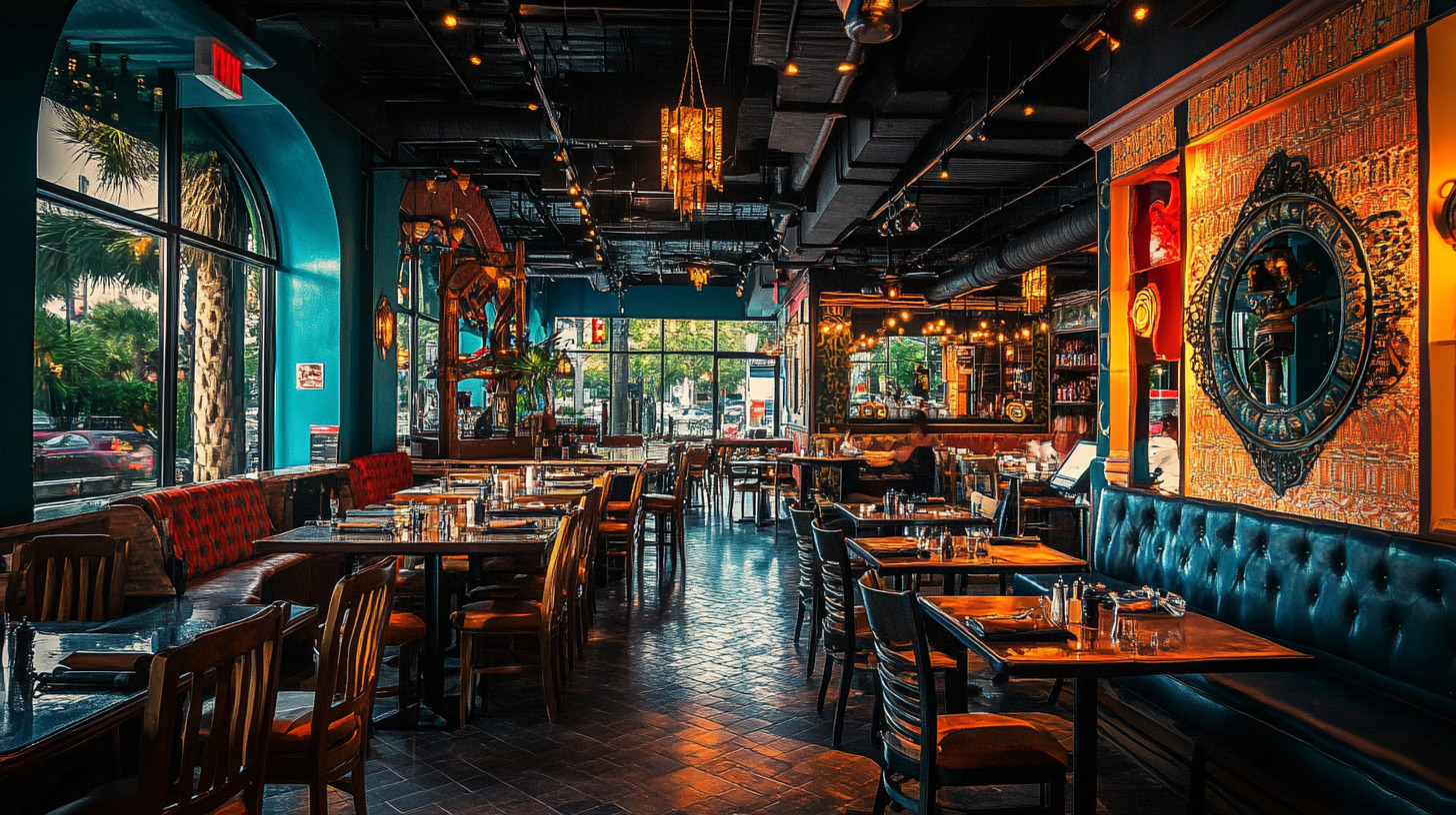 Interior of Sunshine Eats restaurant with wooden tables, teal seating, warm lighting, and decorative mirrors.