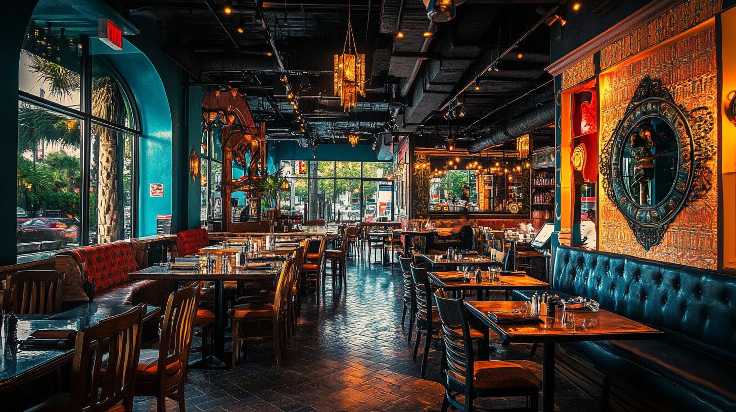 Interior of Sunshine Eats restaurant with wooden tables, teal seating, warm lighting, and decorative mirrors.