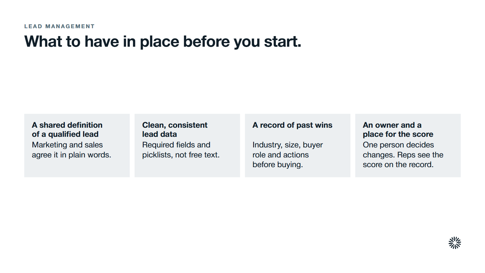 Four things to have ready before building a lead scoring model: a shared definition of a qualified lead, clean lead data, a record of past wins and an owner with a place for the score to land.