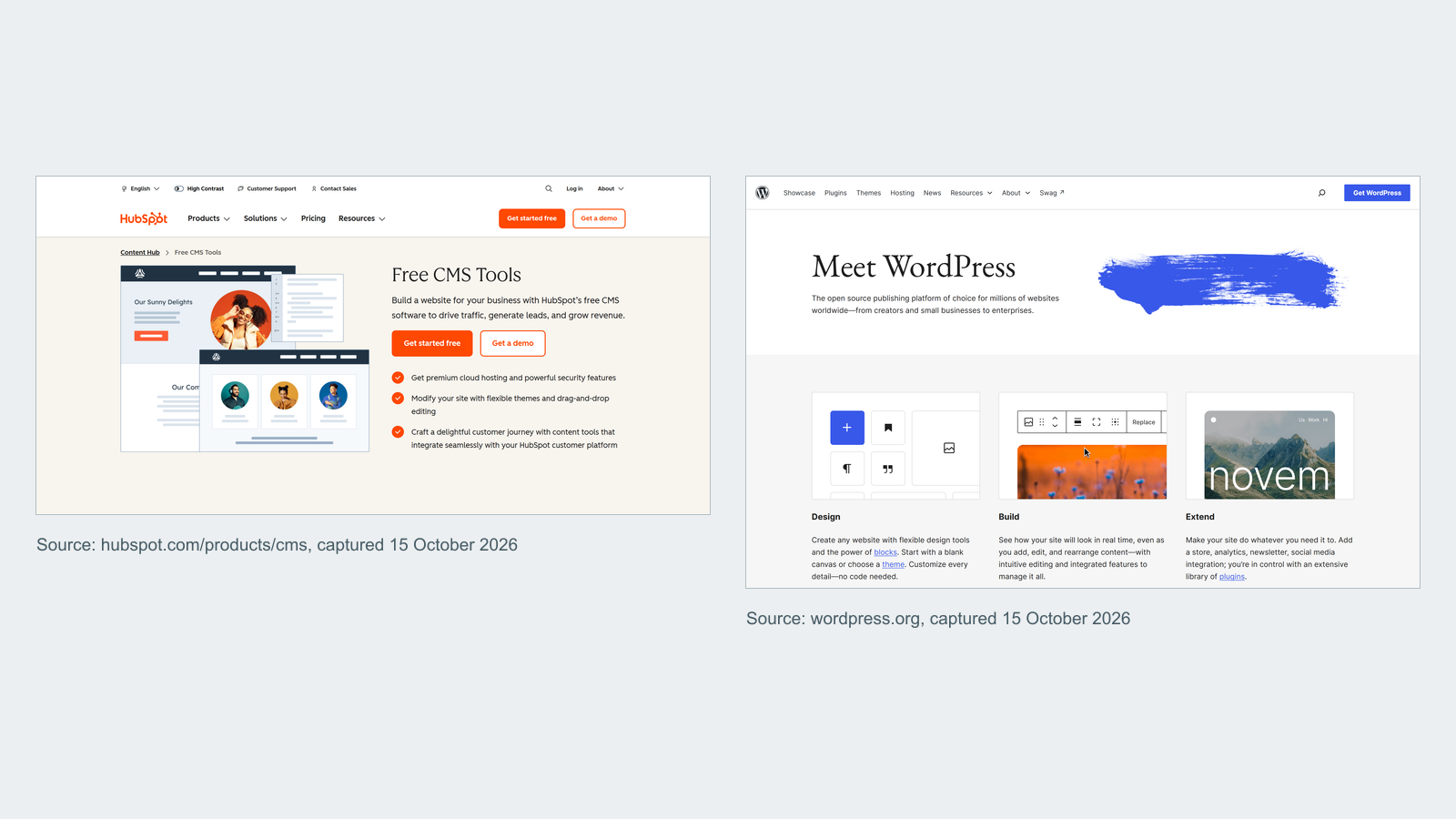 Screenshots of the HubSpot CMS product page and the WordPress.org home page side by side, each showing how the platform presents itself to a new website owner.