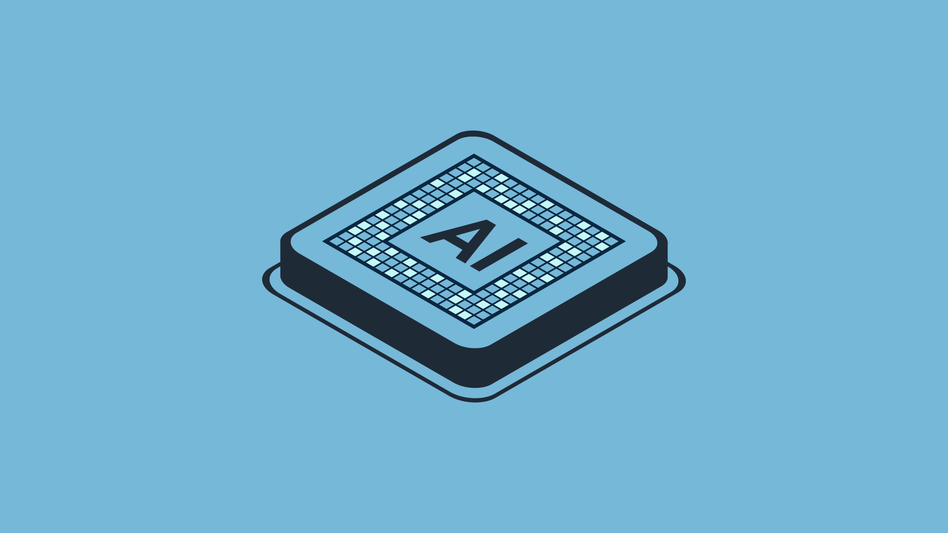 Illustration of a dark blue AI microchip with a grid pattern on a light blue background.