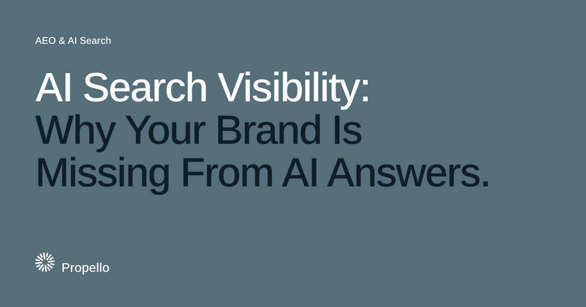 AI Search Visibility: Why Your Brand Is Missing From AI Answers. White and dark type on a slate ground with a large Propello mark behind it, Propello.