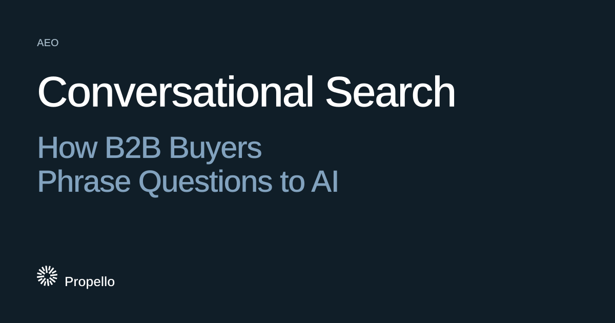 Conversational Search: How B2B Buyers Phrase Questions to AI. White and steel-blue type on a deep blue-grey ground, Propello.