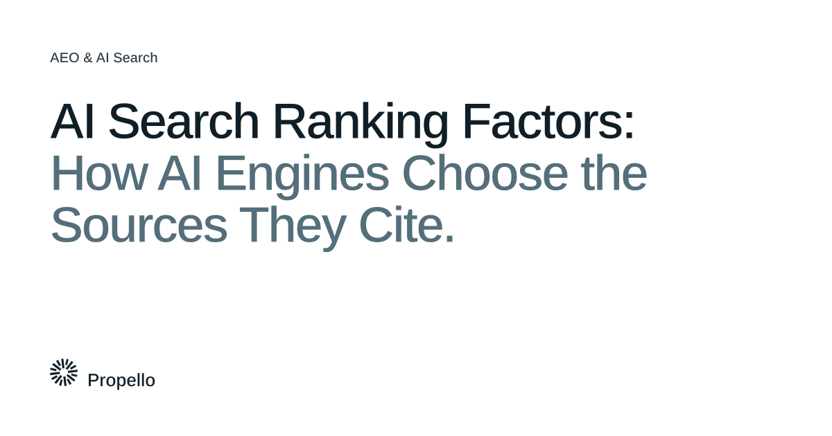 AI Search Ranking Factors: How AI Engines Choose the Sources They Cite. Dark and slate type on a white ground with a large Propello mark behind it, Propello.