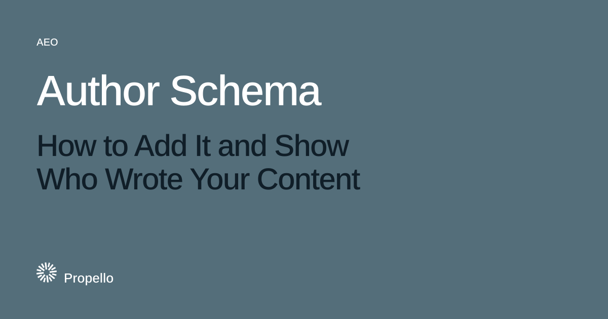 Author Schema: How to Add It and Show Who Wrote Your Content. White and dark type on a slate ground, Propello.