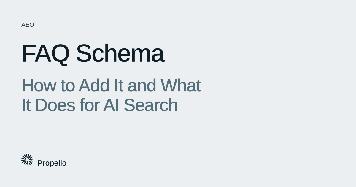 FAQ Schema: How to Add It and What It Does for AI Search. Dark and slate type on a light grey ground, Propello.