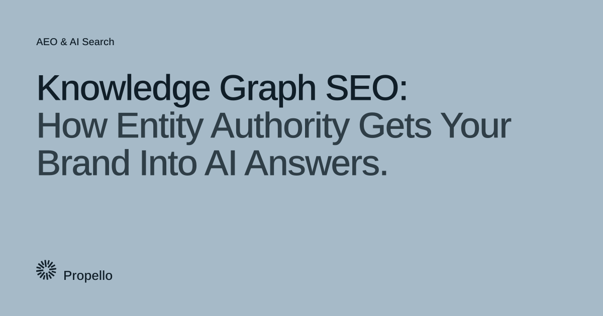 Knowledge Graph SEO: How Entity Authority Gets Your Brand Into AI Answers. Dark type on a soft blue-grey ground with a large Propello mark behind it, Propello.