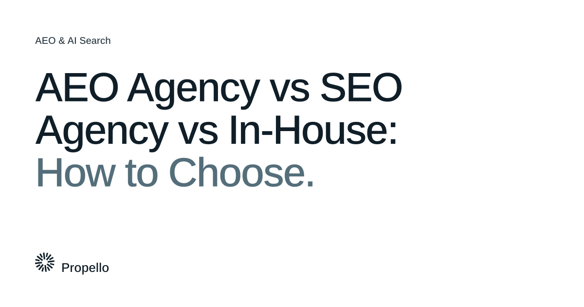 AEO Agency vs SEO Agency vs In-House: How to Choose. Dark and slate type on a white ground with a large Propello mark behind it, Propello.