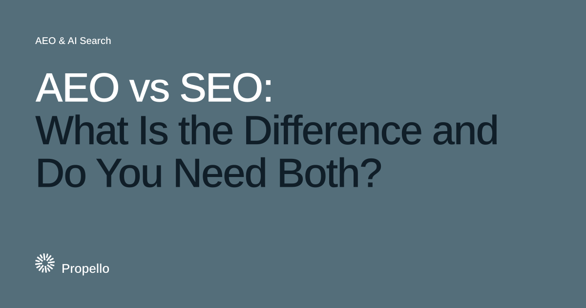 AEO vs SEO: What Is the Difference and Do You Need Both? White and dark type on a slate ground with a large Propello mark behind it, Propello.