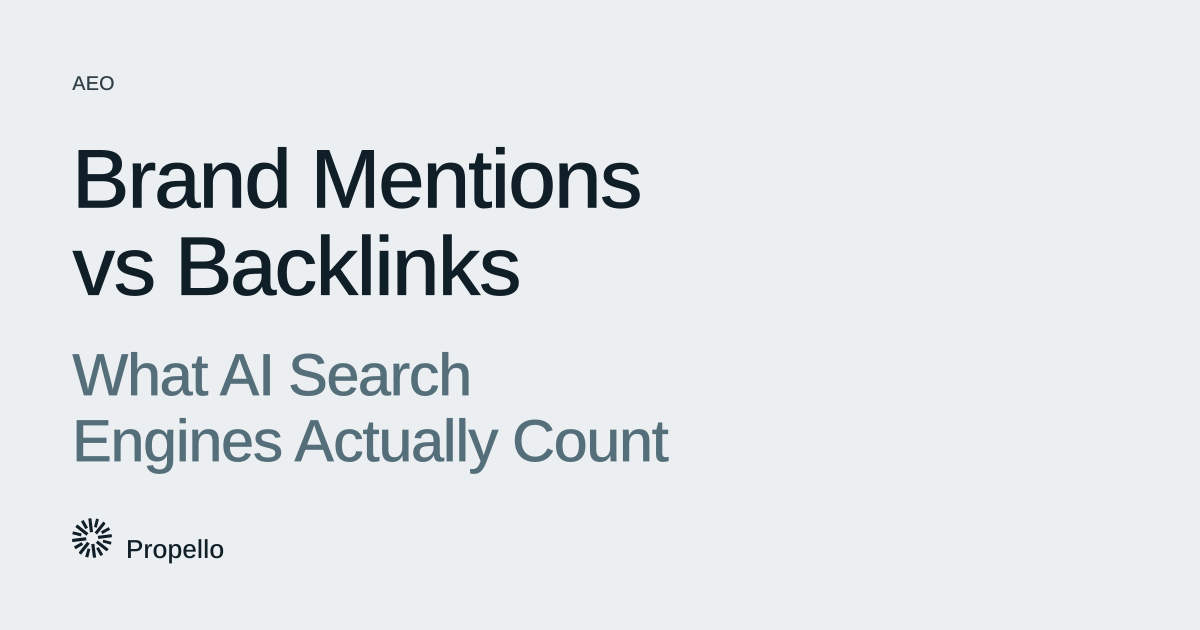 Brand Mentions vs Backlinks: What AI Search Engines Actually Count. Dark and slate type on a light grey ground, Propello.