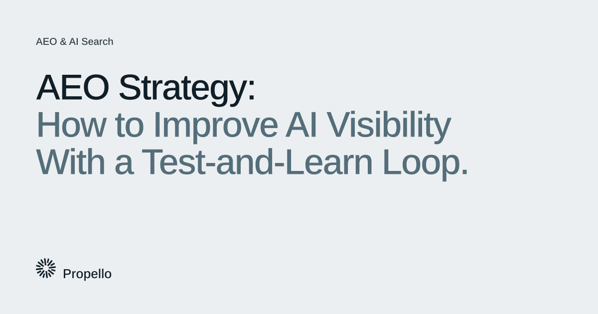 AEO Strategy: How to Improve AI Visibility With a Test-and-Learn Loop. Dark and slate type on a light grey ground with a large Propello mark behind it, Propello.