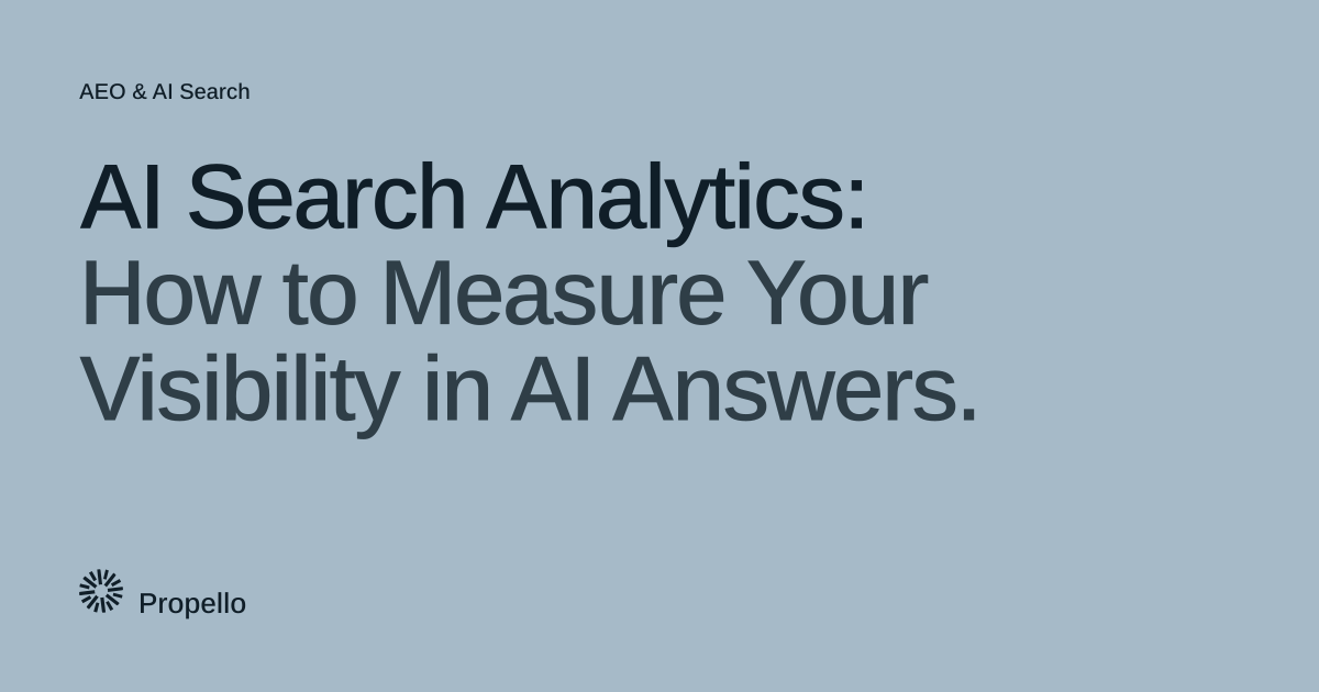AI Search Analytics: How to Measure Your Visibility in AI Answers. Dark type on a soft blue-grey ground with a large Propello mark behind it, Propello.