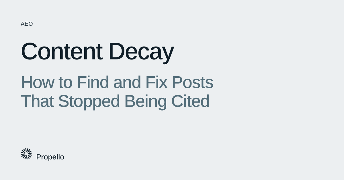 Content Decay: How to Find and Fix Posts That Stopped Being Cited. Dark and slate type on a light grey ground, Propello.