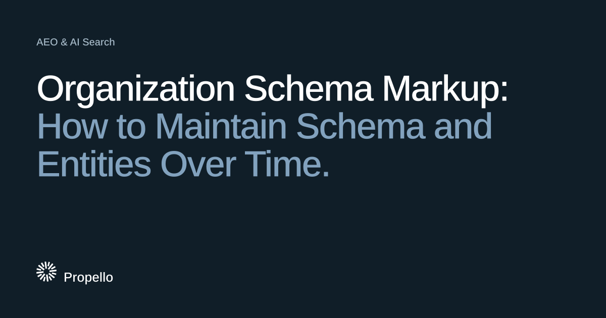 Organization Schema Markup: How to Maintain Schema and Entities Over Time. White and blue-grey type on a dark navy ground with a large Propello mark behind it, Propello.