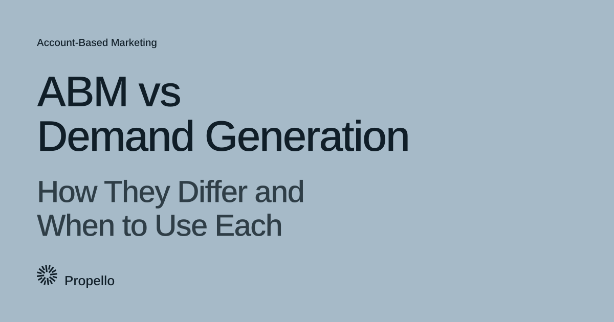ABM vs Demand Generation: How They Differ and When to Use Each. Dark type on a pale blue-grey ground, Propello.