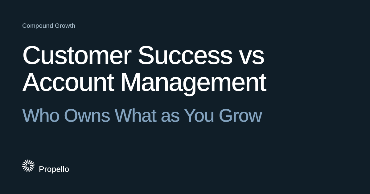 Customer Success vs Account Management: Who Owns What as You Grow. White and steel-blue type on a deep blue-grey ground, Propello.