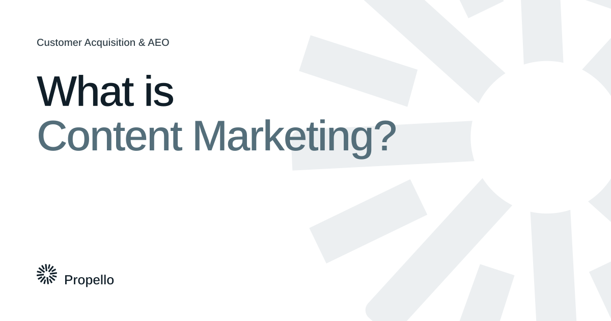 What is Content Marketing? Dark and slate type on a white ground with a large Propello mark behind it, Propello.