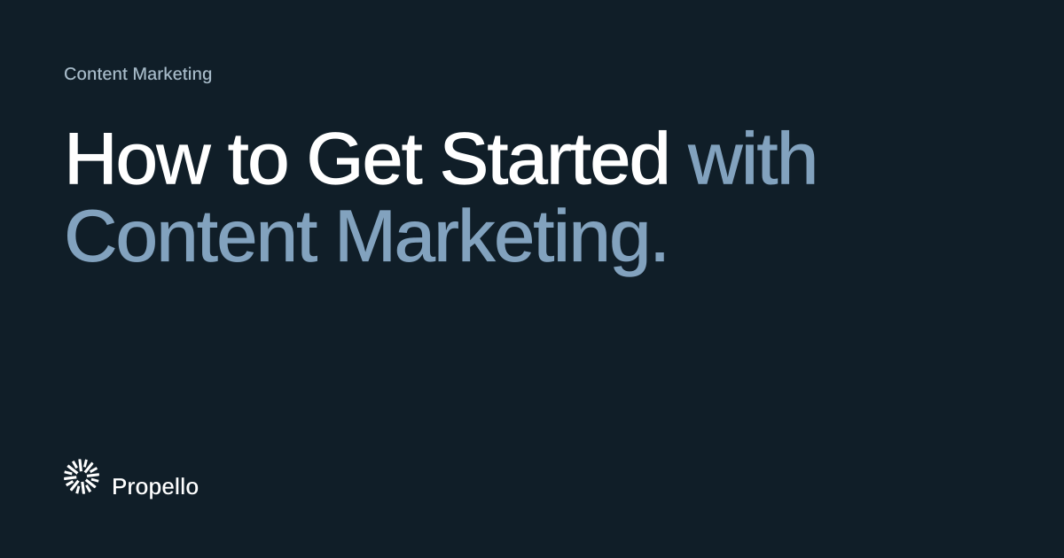 How to Get Started with Content Marketing. White and blue-grey type on a dark navy ground with a large Propello mark behind it, Propello.