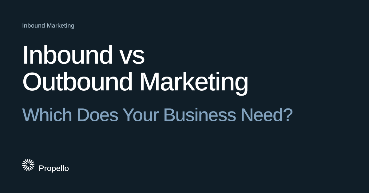 Inbound vs Outbound Marketing: Which Does Your Business Need? White and blue-grey type on a dark navy ground with a large Propello mark behind it, Propello.