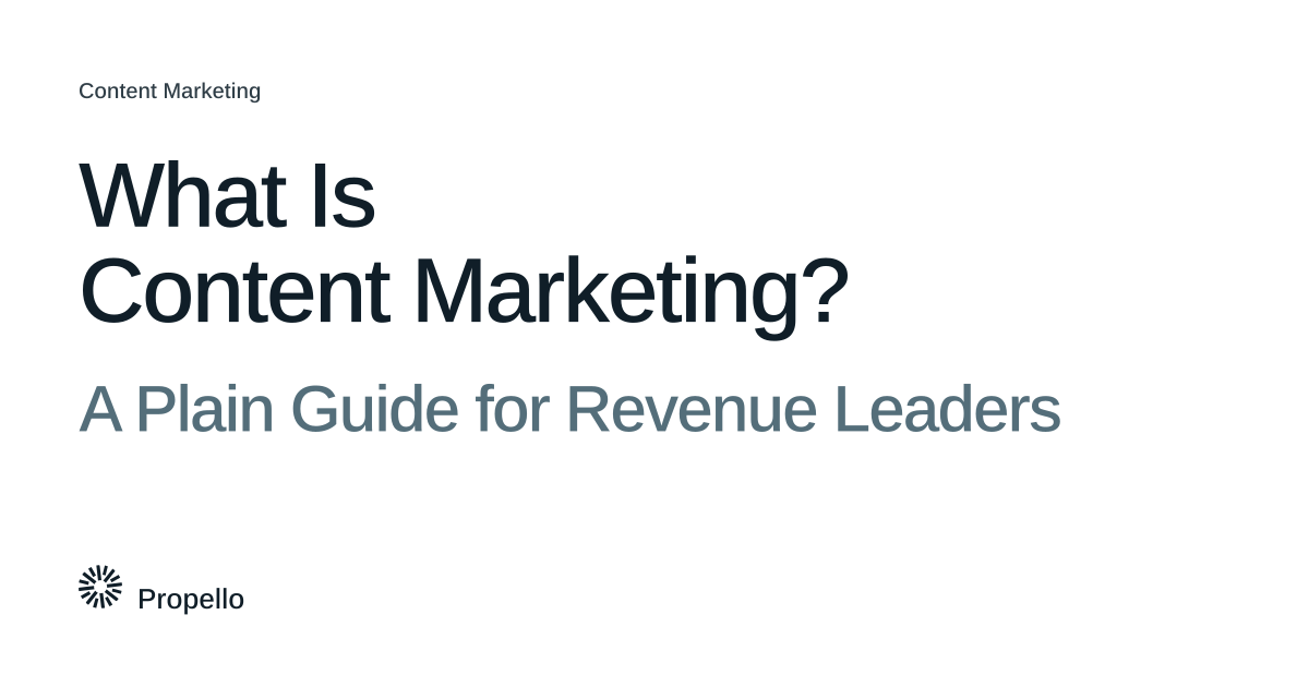 What Is Content Marketing? A Plain Guide for Revenue Leaders. Dark and slate type on a white ground with a large Propello mark behind it, Propello.