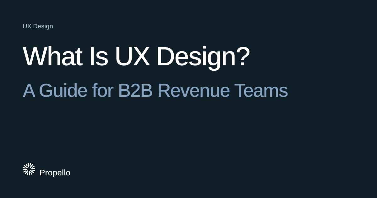 What Is UX Design? A Guide for B2B Revenue Teams. White and steel-blue type on a deep blue-grey ground, Propello.