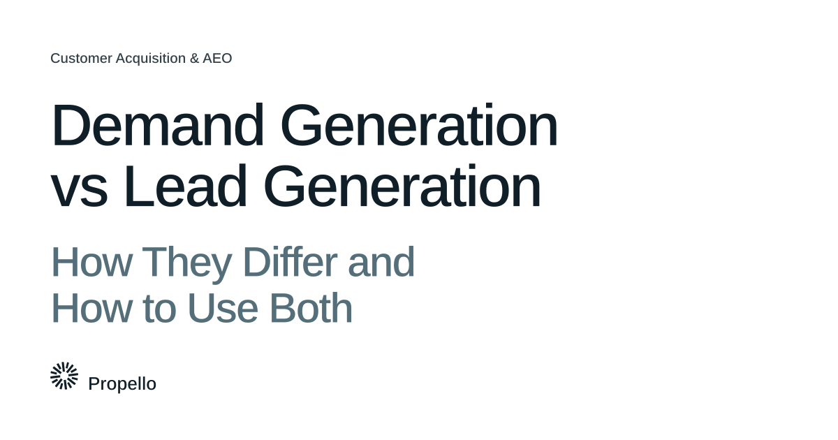 Demand Generation vs Lead Generation: How They Differ and How to Use Both. Dark and slate type on a white ground, Propello.
