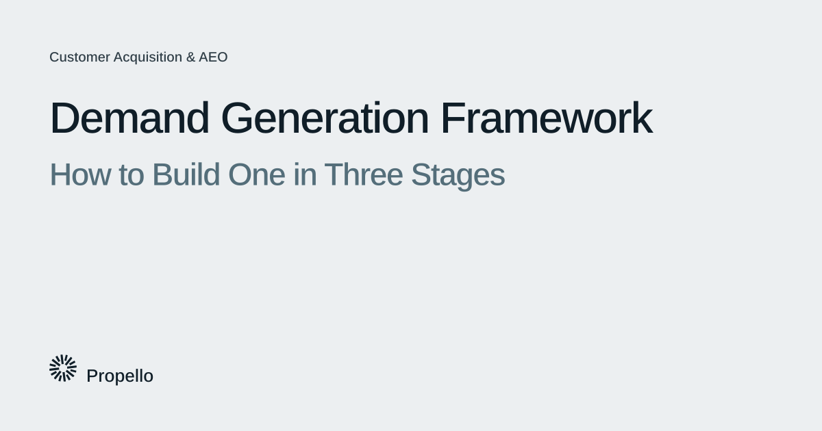 Demand Generation Framework: How to Build One in Three Stages. Dark and slate type on a light grey ground, Propello.