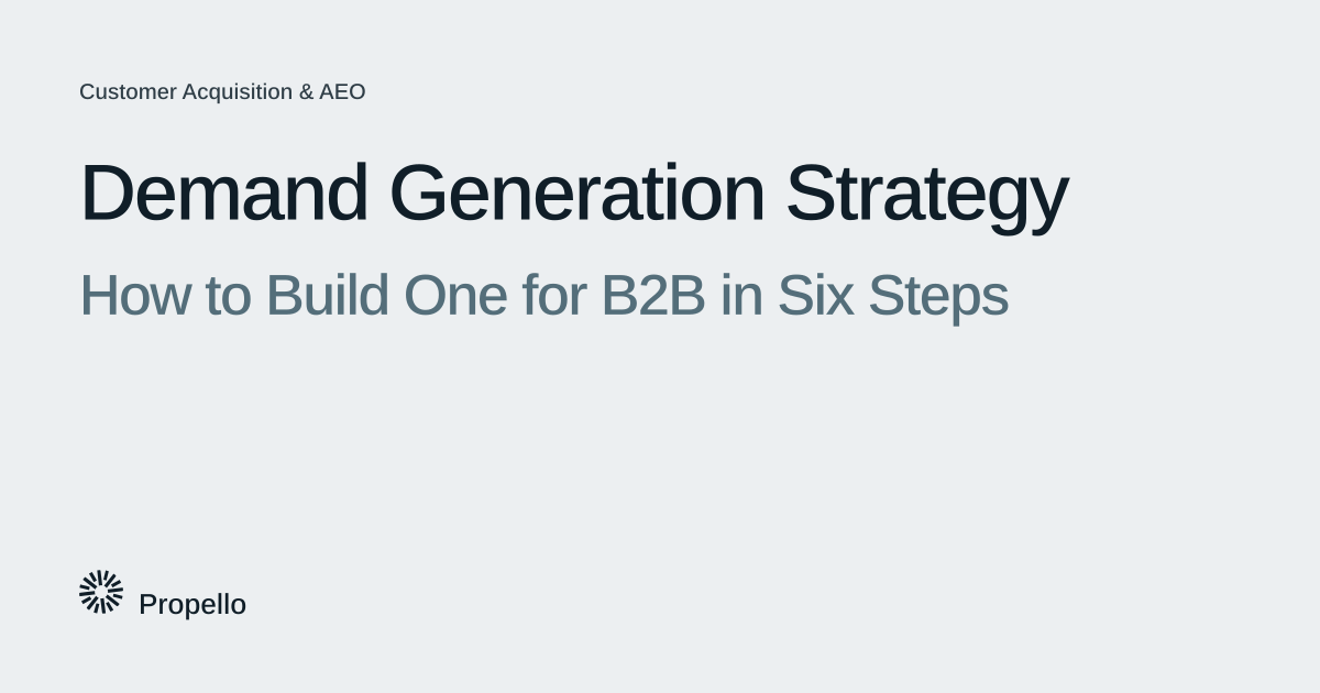Demand Generation Strategy: How to Build One for B2B in Six Steps. Dark and slate type on a light grey ground, Propello.