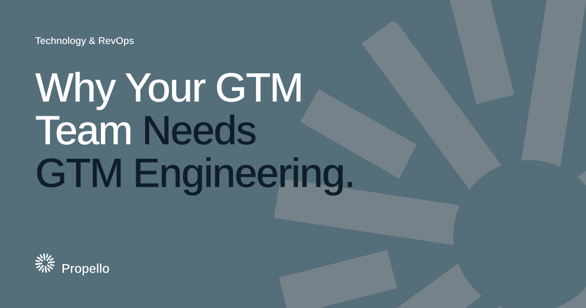 Why Your GTM Team Needs GTM Engineering. White and dark type on a slate ground with a large Propello mark behind it, Propello.