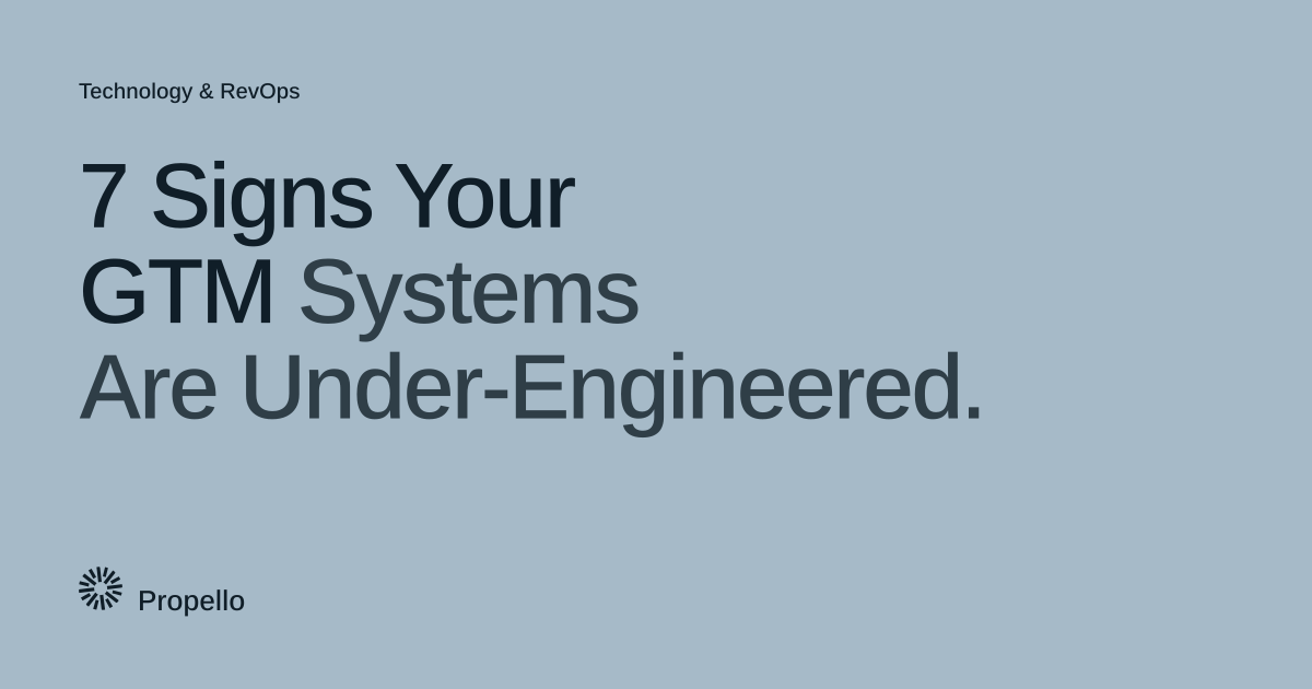 7 Signs Your GTM Systems Are Under-Engineered. Dark type on a soft blue-grey ground with a large Propello mark behind it, Propello.