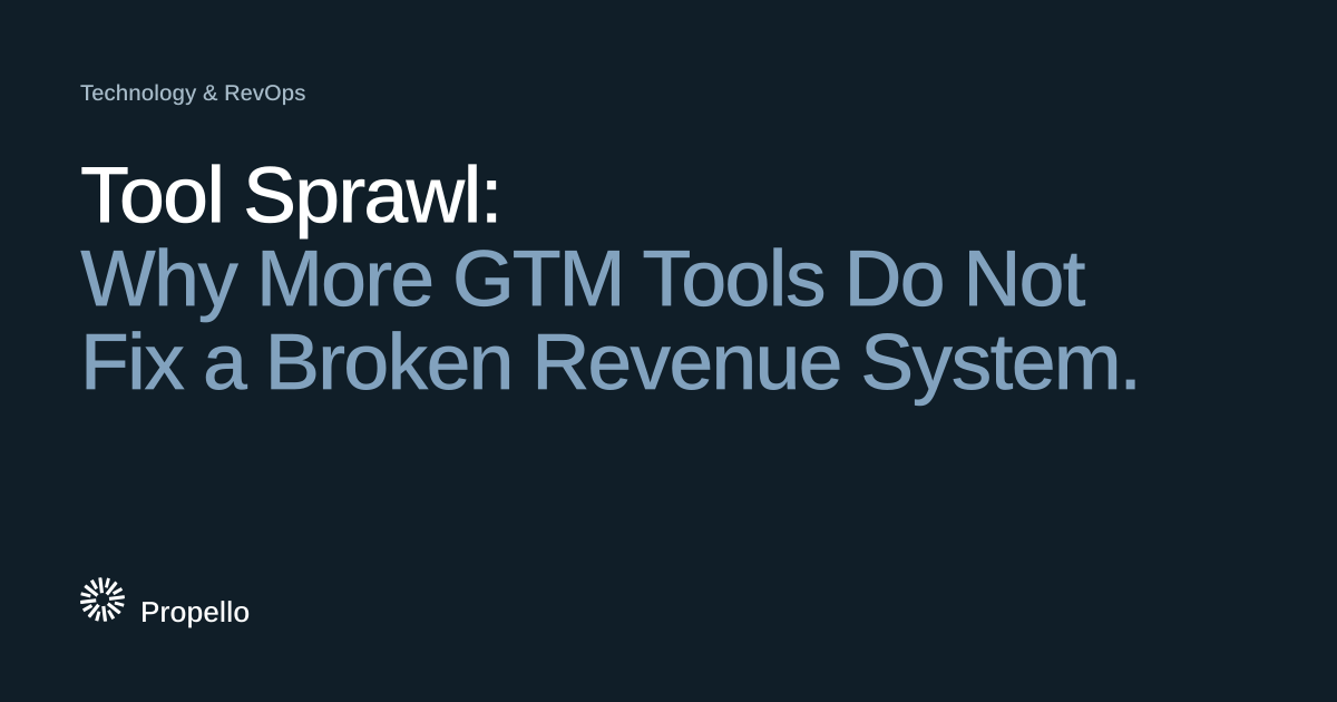 Tool Sprawl: Why More GTM Tools Do Not Fix a Broken Revenue System. White and blue-grey type on a dark navy ground with a large Propello mark behind it, Propello.