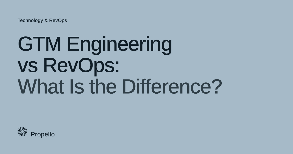 GTM Engineering vs RevOps: What Is the Difference? Dark type on a soft blue-grey ground with a large Propello mark behind it, Propello.