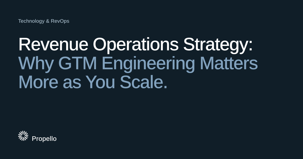 Revenue Operations Strategy: Why GTM Engineering Matters More as You Scale. White and blue-grey type on a dark navy ground with a large Propello mark behind it, Propello.