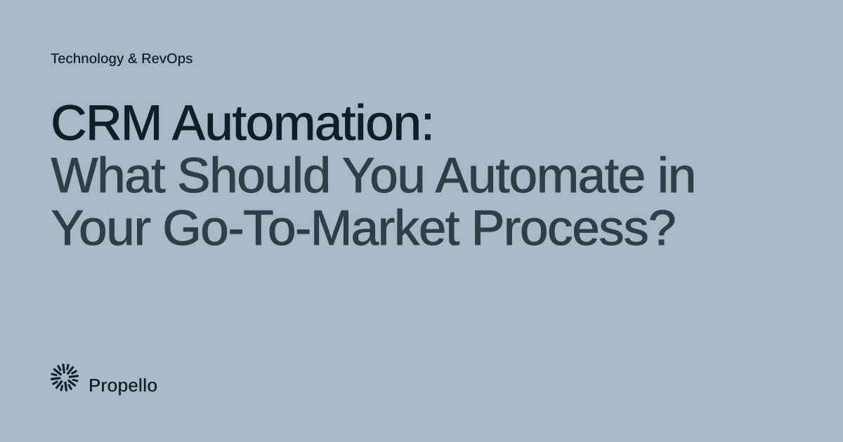 CRM Automation: What Should You Automate in Your Go-To-Market Process? Dark type on a soft blue-grey ground with a large Propello mark behind it, Propello.