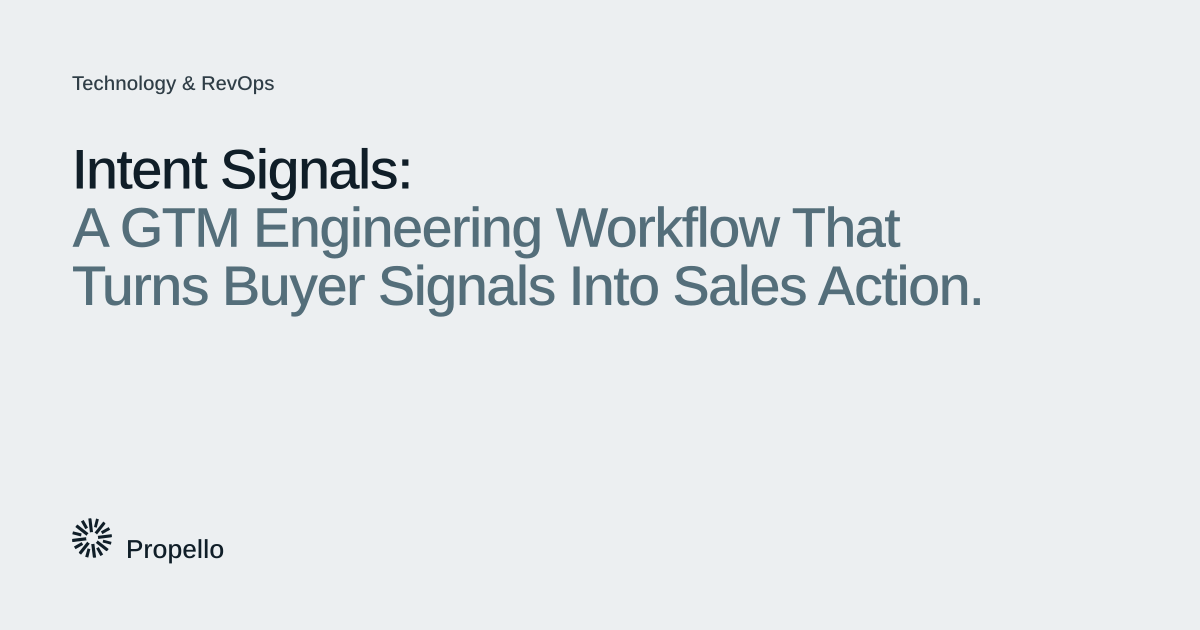 Intent Signals: A GTM Engineering Workflow That Turns Buyer Signals Into Sales Action. Dark and slate type on a light grey ground with a large Propello mark behind it, Propello.