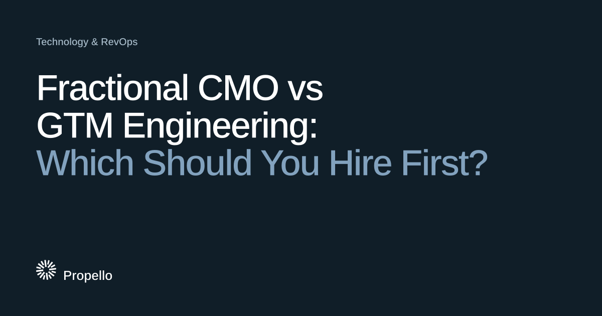 Fractional CMO vs GTM Engineering: Which Should You Hire First? White and blue-grey type on a dark navy ground with a large Propello mark behind it, Propello.