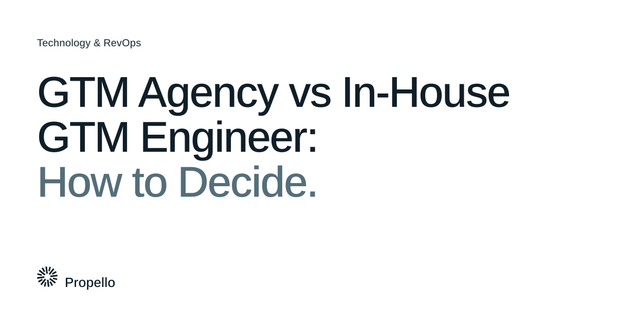 GTM Agency vs In-House GTM Engineer: How to Decide. Dark and slate type on a white ground with a large Propello mark behind it, Propello.