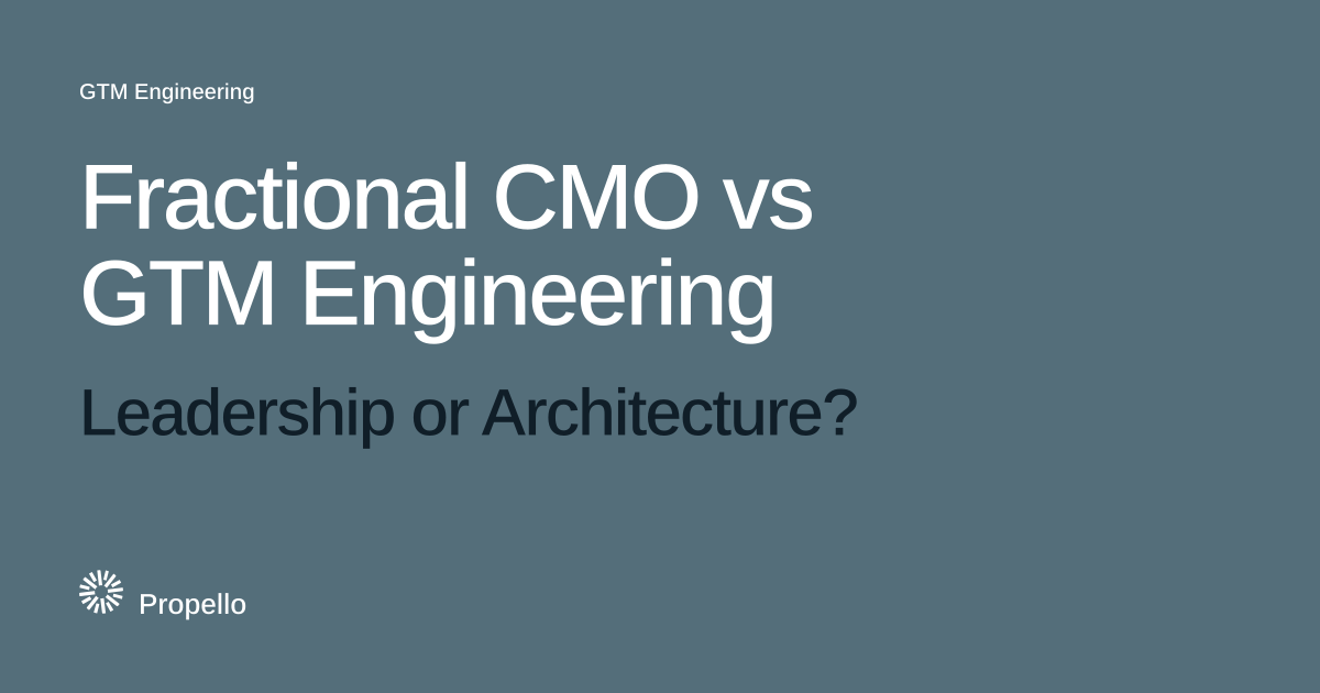 Fractional CMO vs GTM Engineering: Leadership or Architecture? White and dark type on a slate ground with a large Propello mark behind it, Propello.