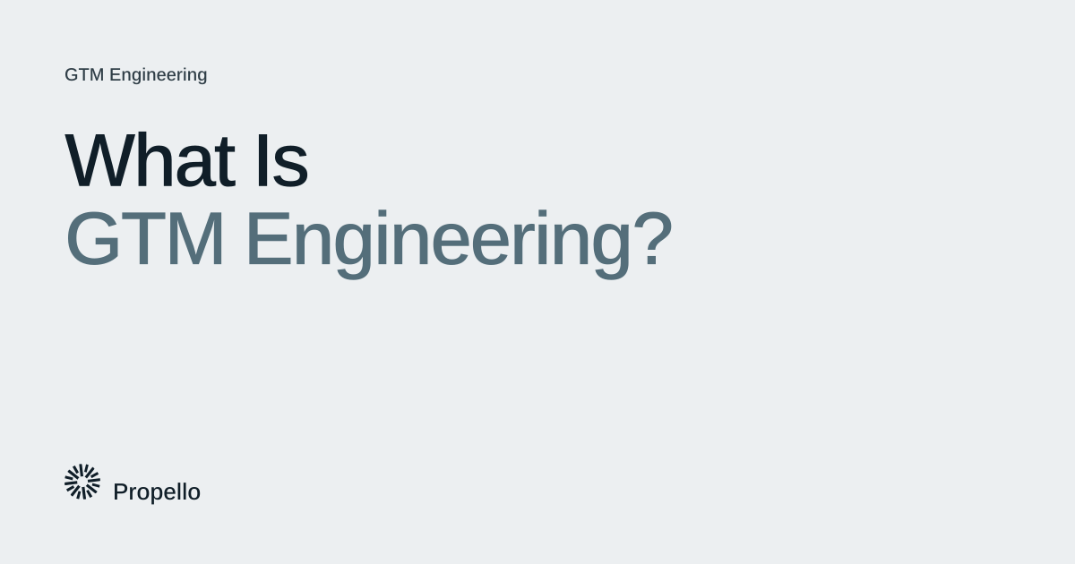 What Is GTM Engineering? Dark and slate type on a light grey ground with a large Propello mark behind it, Propello.