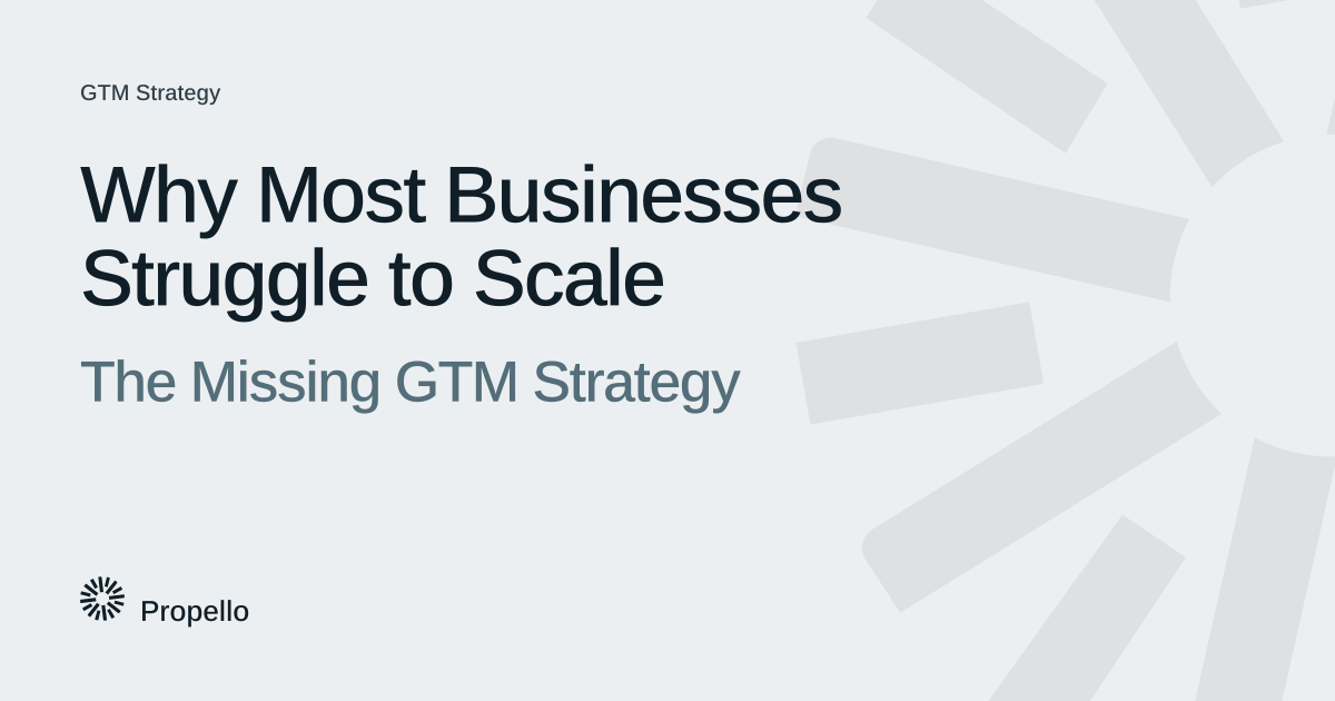 Why Most Businesses Struggle to Scale: The Missing GTM Strategy. Dark and slate type on a light grey ground with a large Propello mark behind it, Propello.