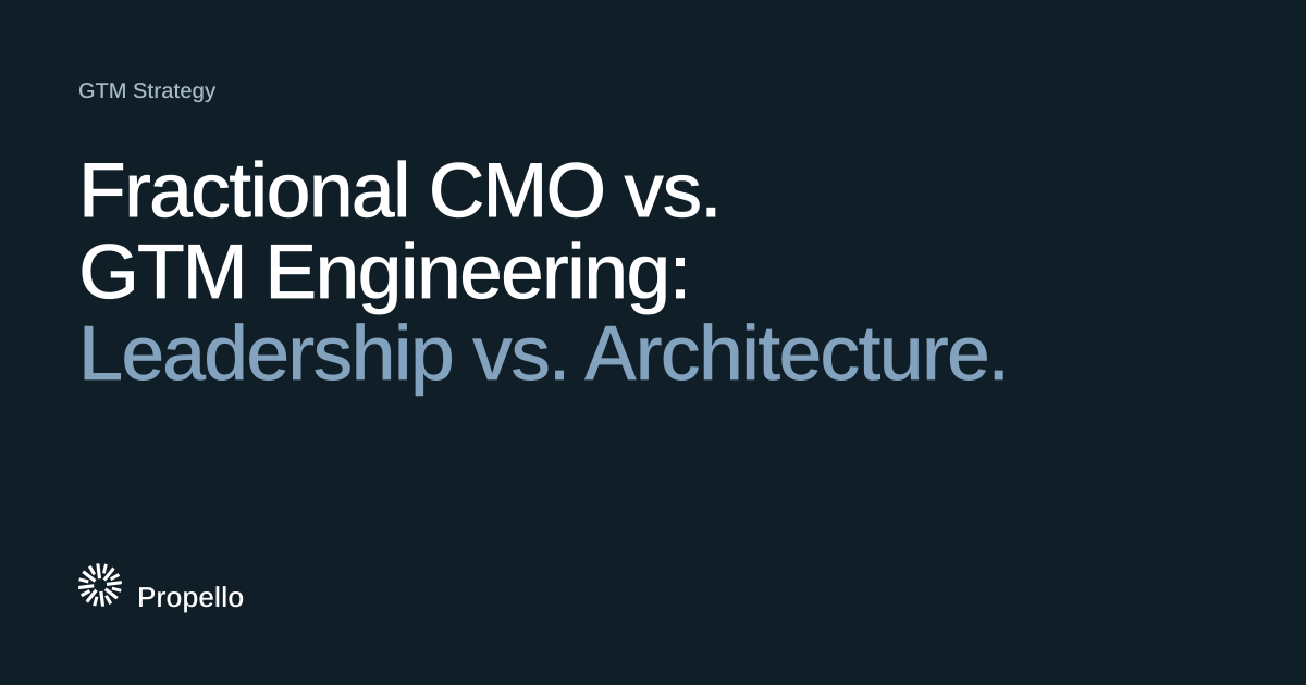 Fractional CMO vs. GTM Engineering: Leadership vs. Architecture. White and steel-blue type on a deep blue-grey ground, Propello.