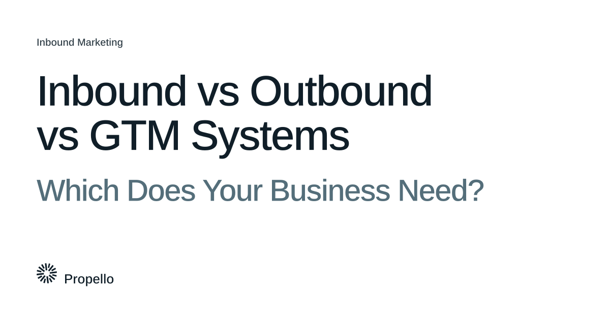 Inbound vs Outbound vs GTM Systems: Which Does Your Business Need? Dark and slate type on a white ground with a large Propello mark behind it, Propello.