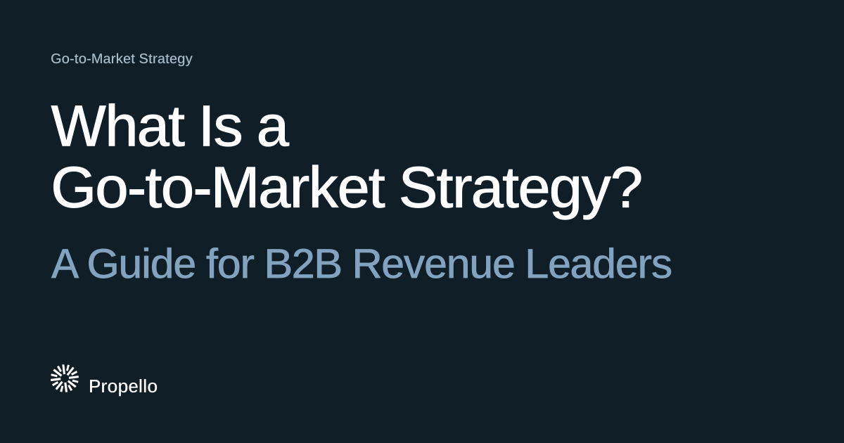 What Is a Go-to-Market Strategy? A Guide for B2B Revenue Leaders. White and blue-grey type on a dark navy ground with a large Propello mark behind it, Propello.