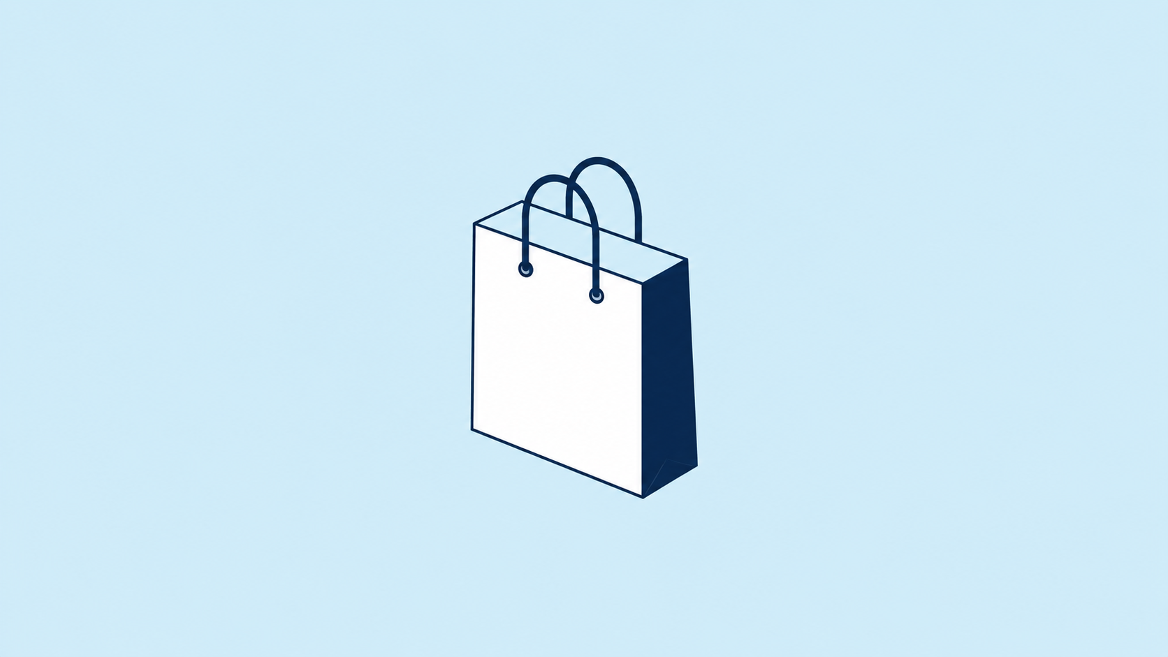 Simple illustration of a shopping bag with handles on a light blue background.