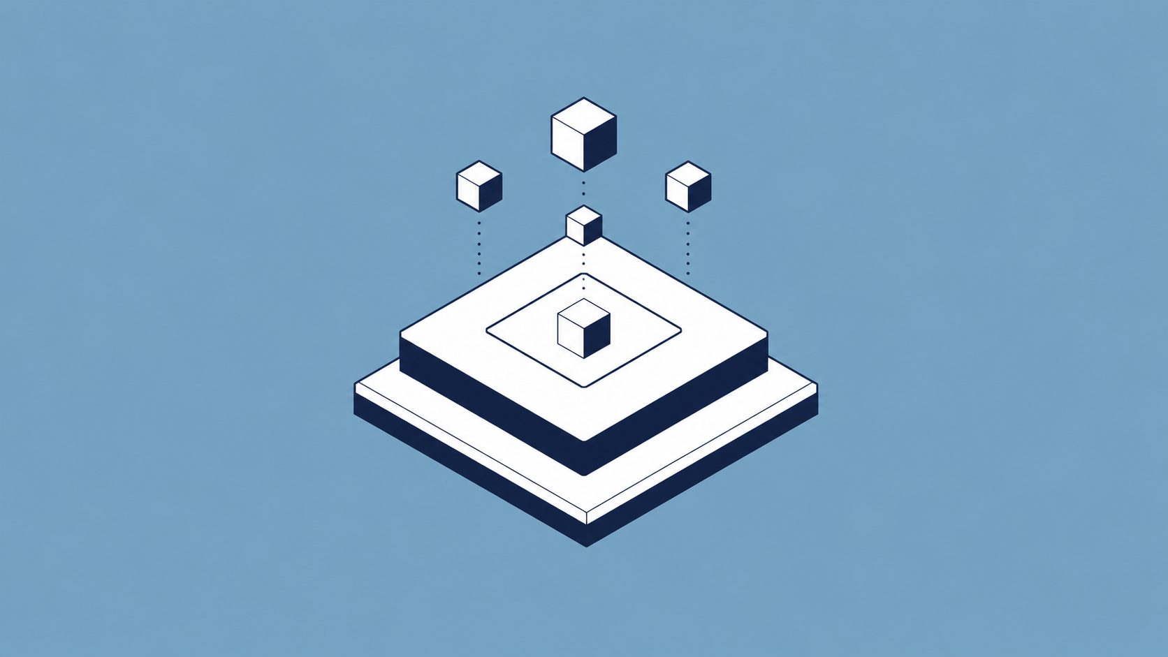 Isometric illustration of floating cubes above a layered platform on a blue gradient background.