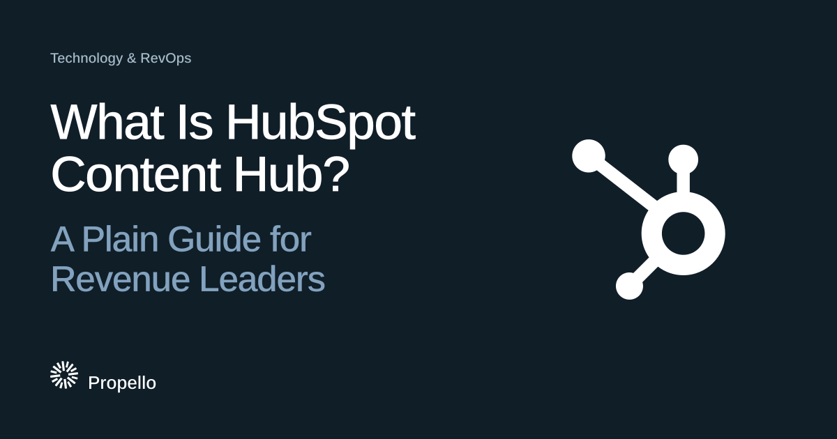What Is HubSpot Content Hub? A Plain Guide for Revenue Leaders. White type on a deep blue-grey ground beside the HubSpot logo, Propello.